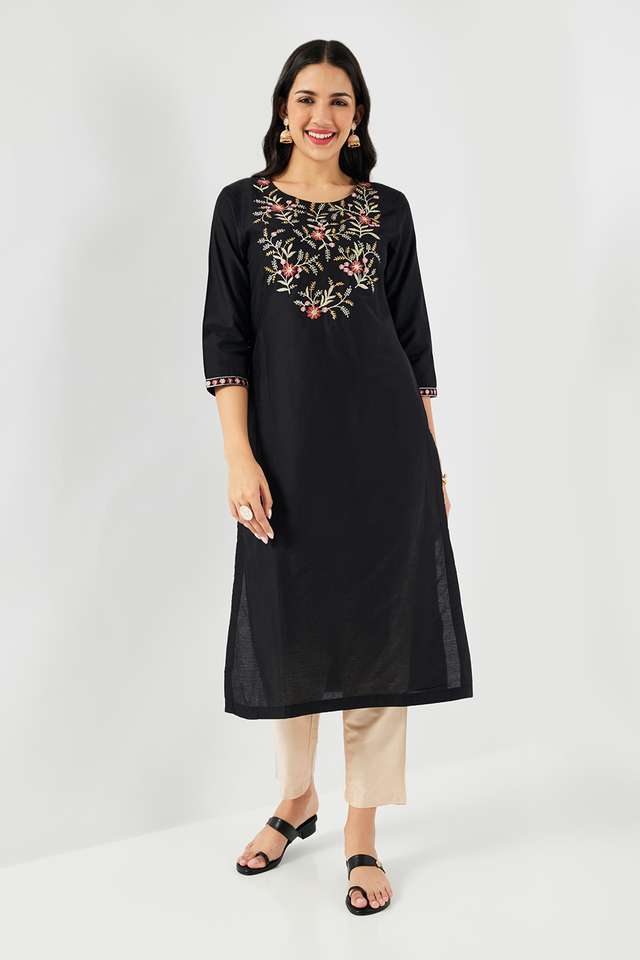 Solid-Blended-Fabric-Round-Neck-Women-s-Kurta