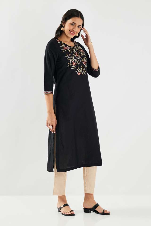 Solid-Blended-Fabric-Round-Neck-Women-s-Kurta