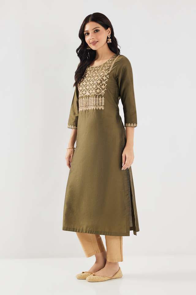 Solid-Blended-Fabric-Round-Neck-Women-s-Kurta