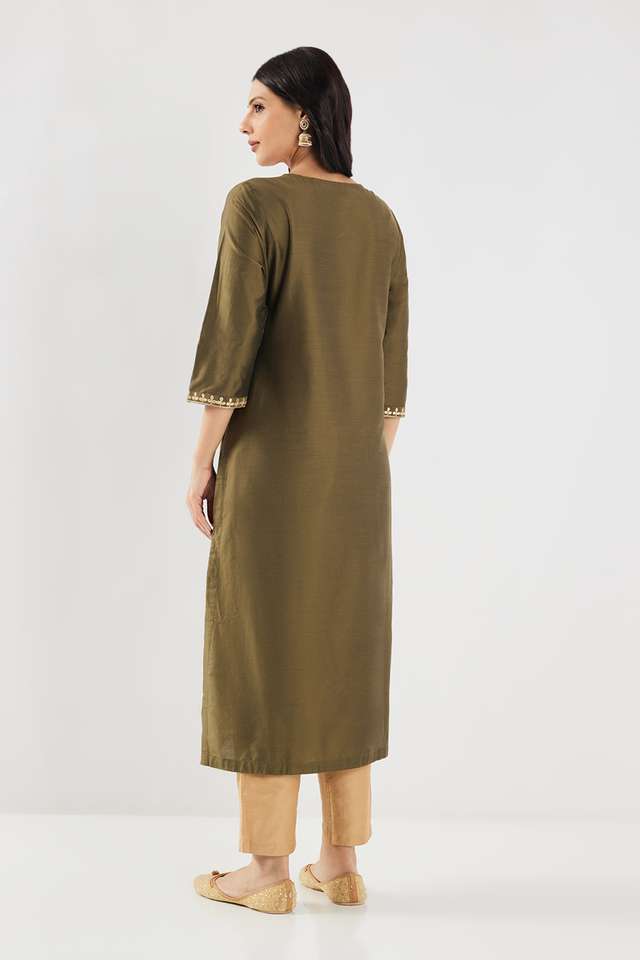 Solid-Blended-Fabric-Round-Neck-Women-s-Kurta
