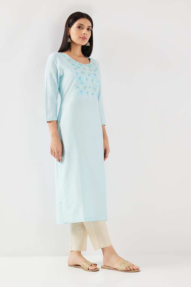 Solid-Blended-Fabric-Round-Neck-Women-s-Kurta