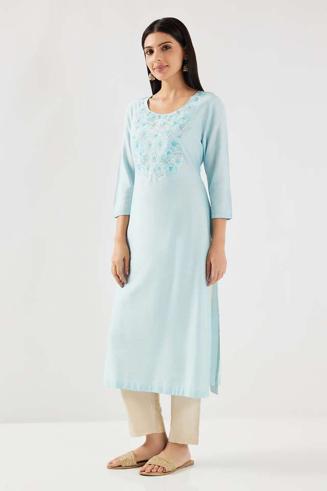 Solid-Blended-Fabric-Round-Neck-Women-s-Kurta