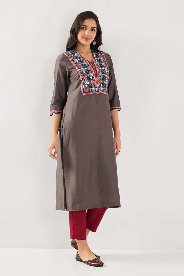 Solid-Blended-Fabric-Round-Neck-Women-s-Kurta