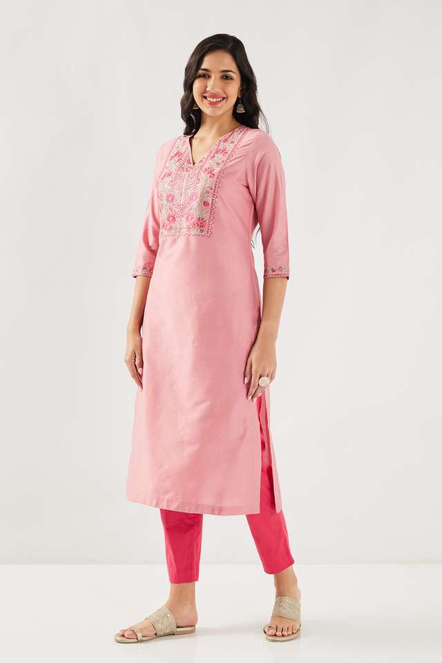 Solid-Blended-Fabric-Round-Neck-Women-s-Kurta