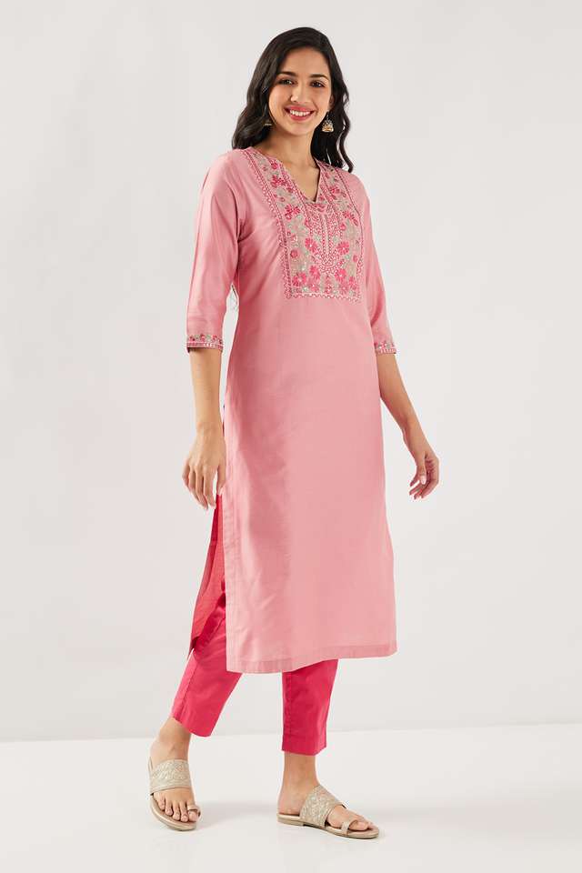 Solid-Blended-Fabric-Round-Neck-Women-s-Kurta