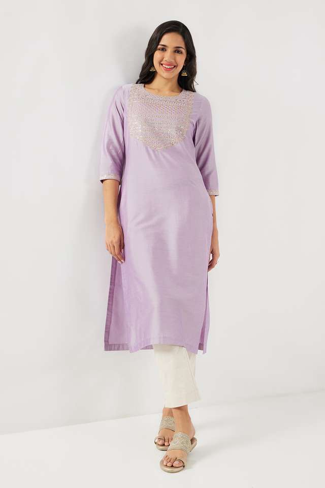 Solid-Blended-Fabric-Round-Neck-Women-s-Kurta