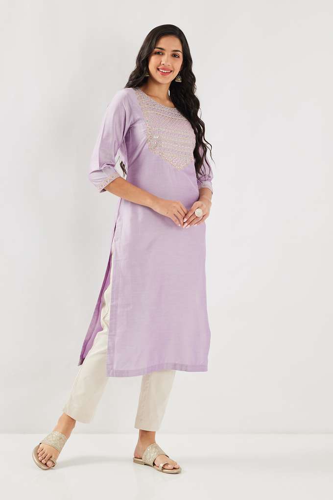 Solid-Blended-Fabric-Round-Neck-Women-s-Kurta