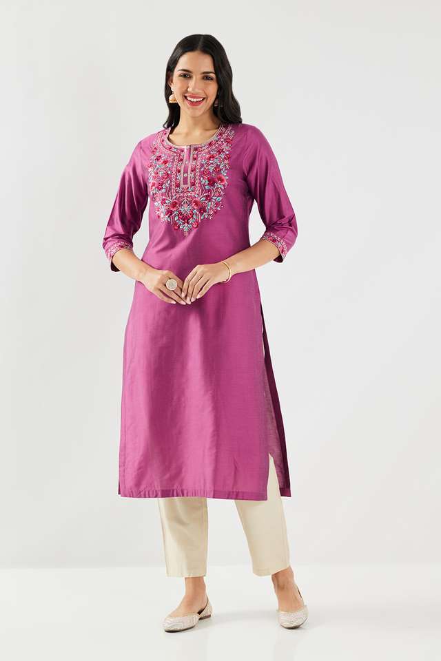 Solid-Blended-Fabric-Round-Neck-Women-s-Kurta