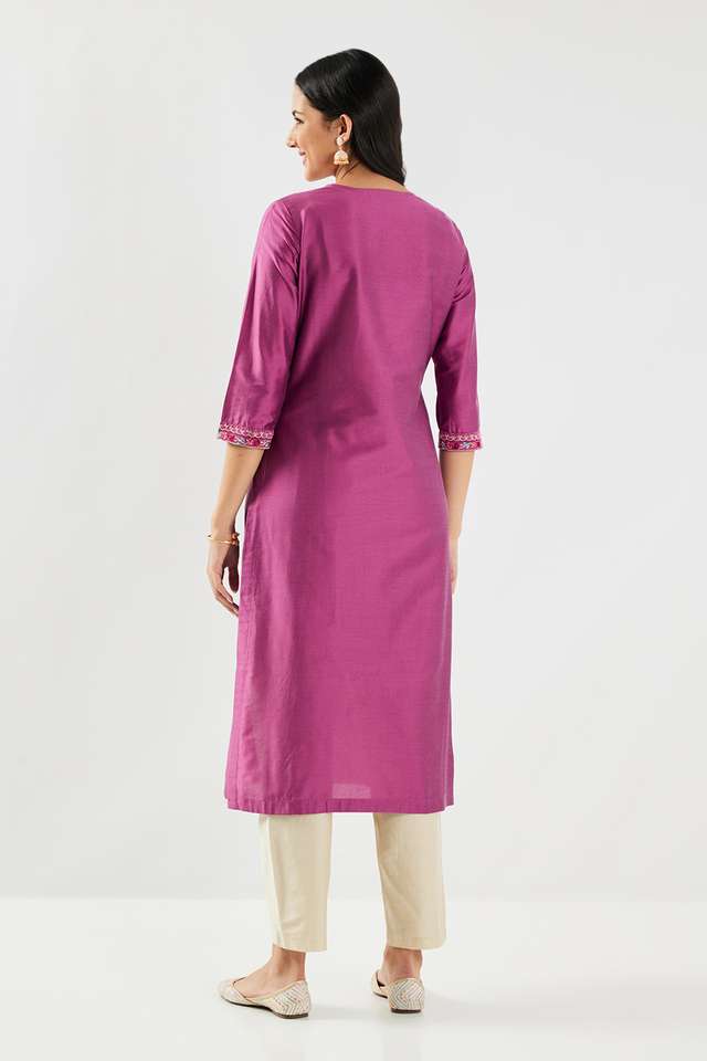 Solid-Blended-Fabric-Round-Neck-Women-s-Kurta