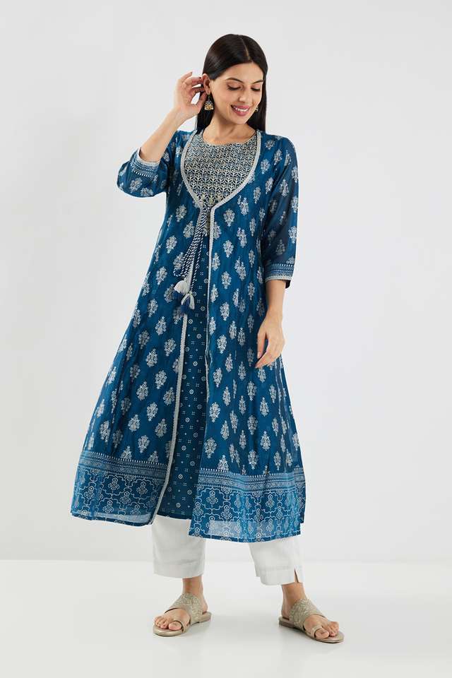 Embroidered-Chanderi-Round-Neck-Women-s-Inner-Kurta-with-Outer-Jacket-Set