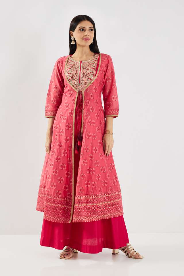 Embroidered-Chanderi-Round-Neck-Women-s-Inner-Kurta-with-Outer-Jacket-Set