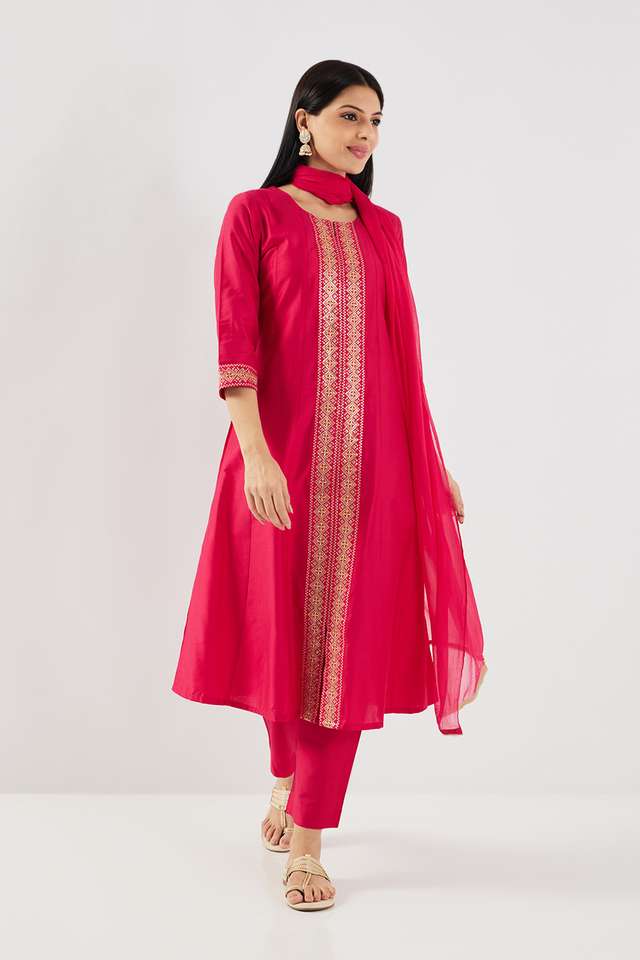 Solid-Blended-Fabric-Round-Neck-Women-s-Palazzo-Kurta-Dupatta-Set