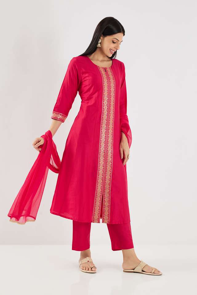 Solid-Blended-Fabric-Round-Neck-Women-s-Palazzo-Kurta-Dupatta-Set