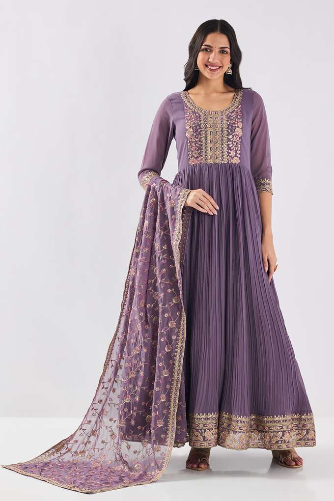 Solid-Blended-Fabric-Round-Neck-Women-s-Kurta-Dupatta-Set