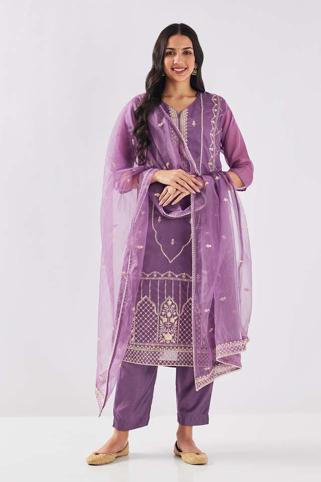 Solid-Blended-Fabric-Round-Neck-Women-s-Kurta-Set
