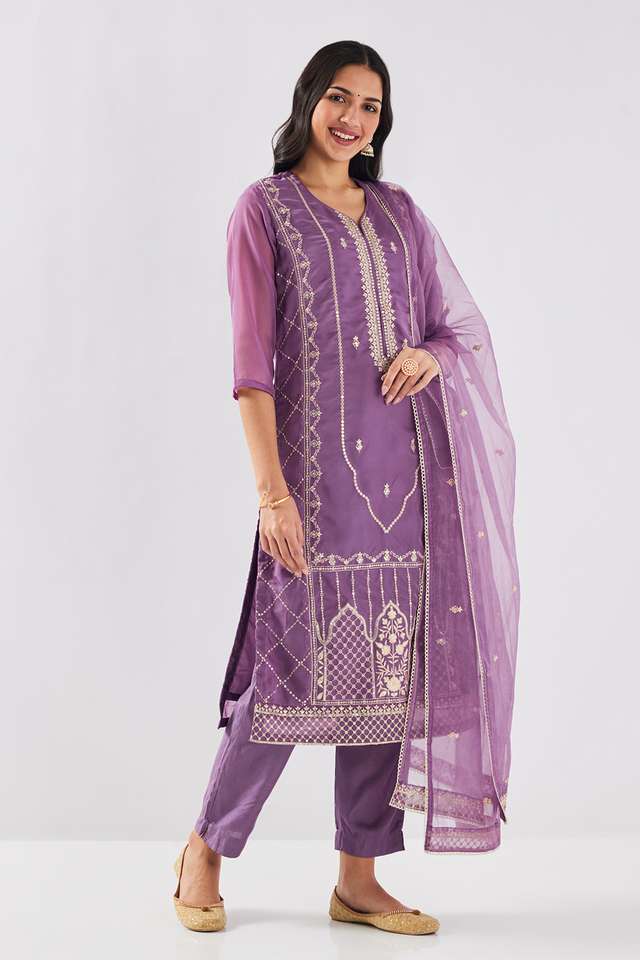 Solid-Blended-Fabric-Round-Neck-Women-s-Kurta-Set