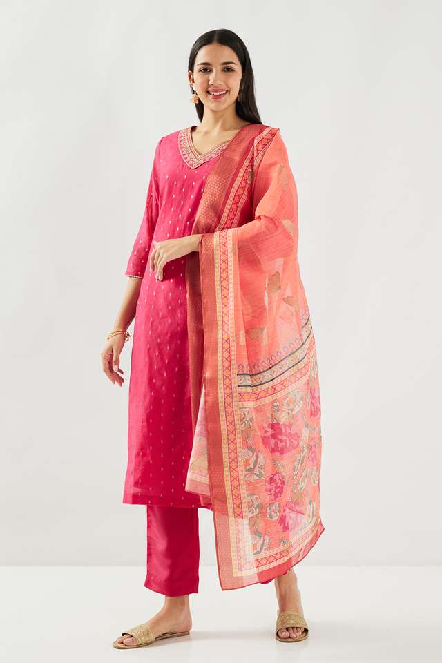 Embroidered-Chanderi-Round-Neck-Women-s-Pant-Kurta-Dupatta-Set