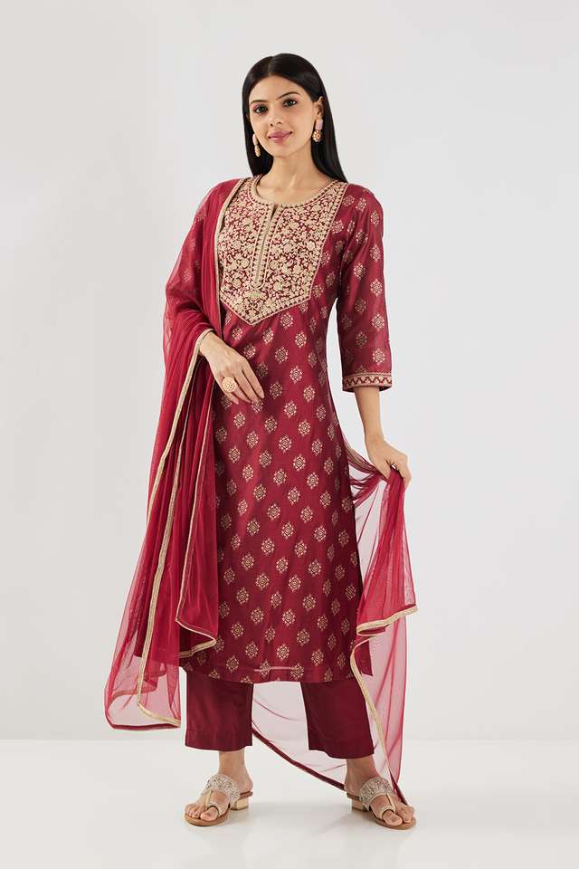 Embroidered-Chanderi-Round-Neck-Women-s-Pant-Kurta-Dupatta-Set