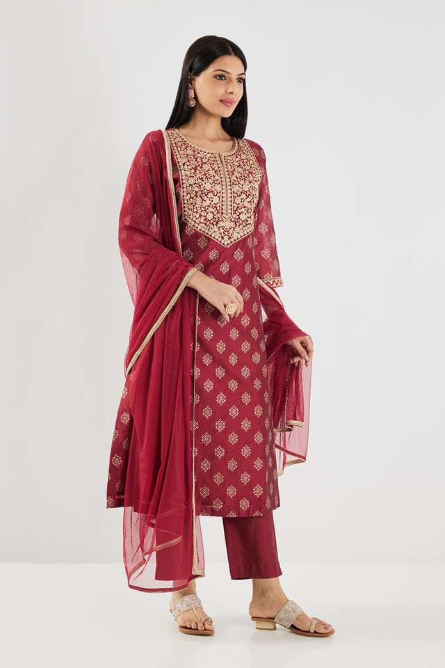 Embroidered-Chanderi-Round-Neck-Women-s-Pant-Kurta-Dupatta-Set