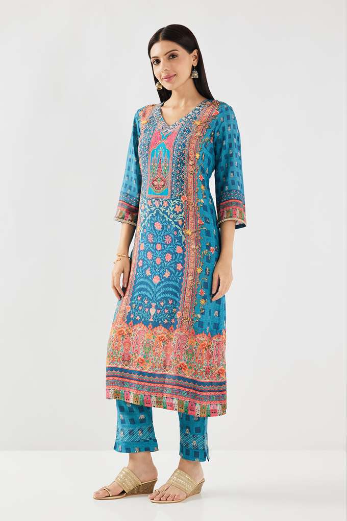Embroidered-Blended-Fabric-Round-Neck-Women-s-Kurta-Pant-Set