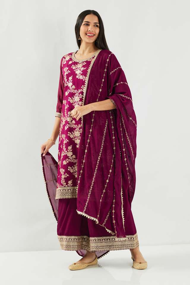 Embroidered-Brocade-Round-Neck-Women-s-Sharara-Kurta-Dupatta-Set