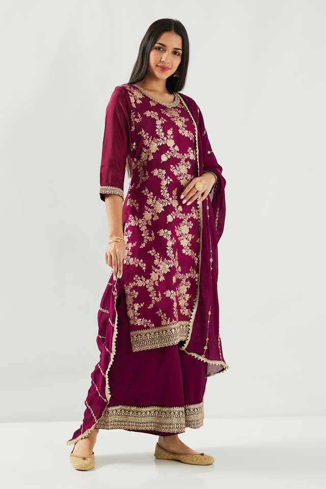 Embroidered-Brocade-Round-Neck-Women-s-Sharara-Kurta-Dupatta-Set