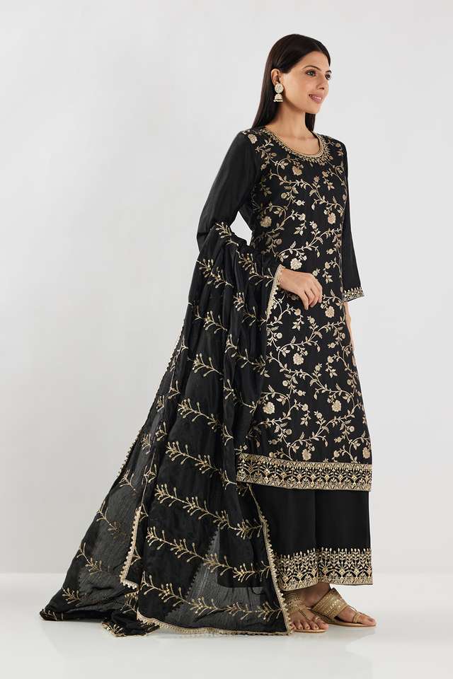 Embroidered-Brocade-Round-Neck-Women-s-Sharara-Kurta-Dupatta-Set