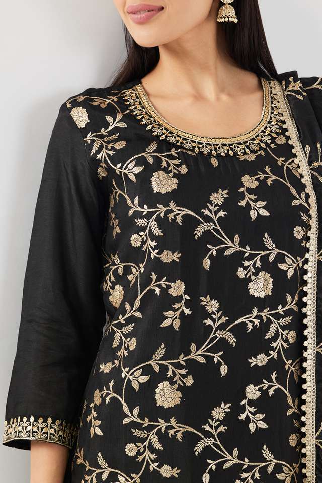 Embroidered-Brocade-Round-Neck-Women-s-Sharara-Kurta-Dupatta-Set