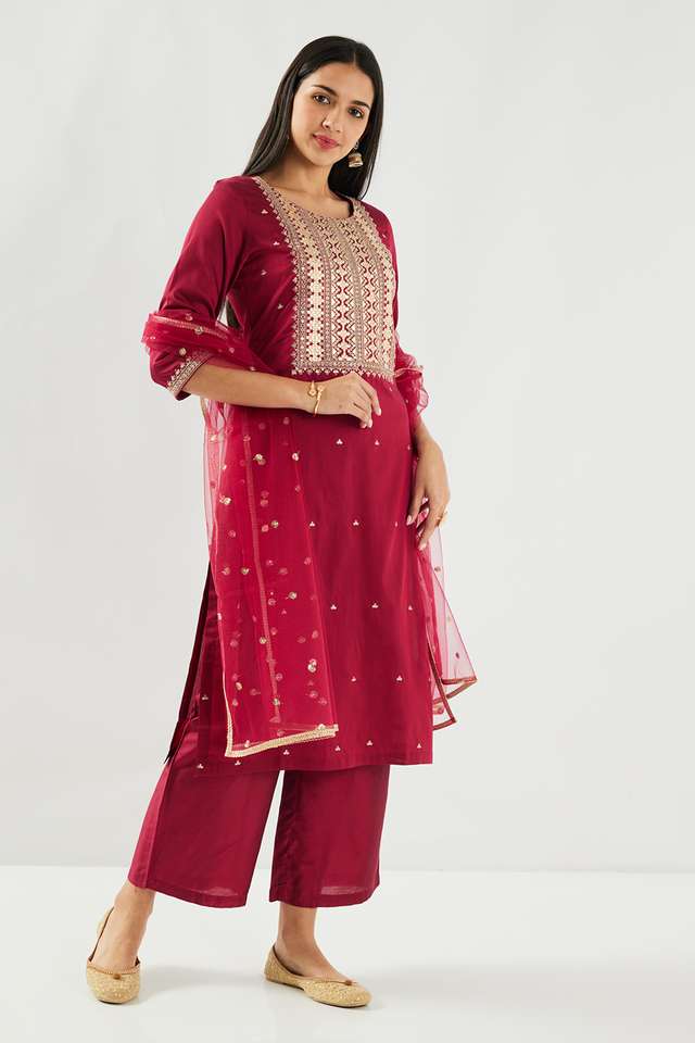 Solid-Blended-Fabric-Round-Neck-Women-s-Palazzo-Kurta-Dupatta-Set