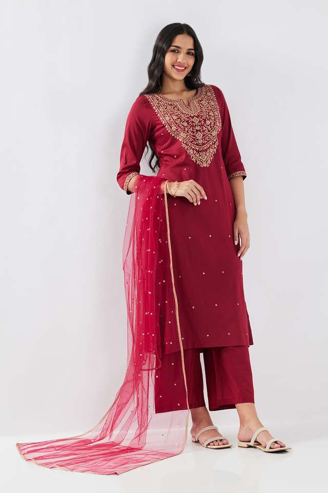 Solid-Blended-Fabric-Round-Neck-Women-s-Palazzo-Kurta-Dupatta-Set