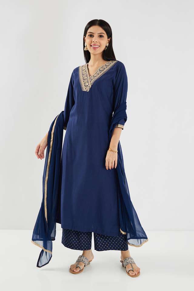 Solid-Blended-Fabric-V-Neck-Women-s-Palazzo-Kurta-Dupatta-Set