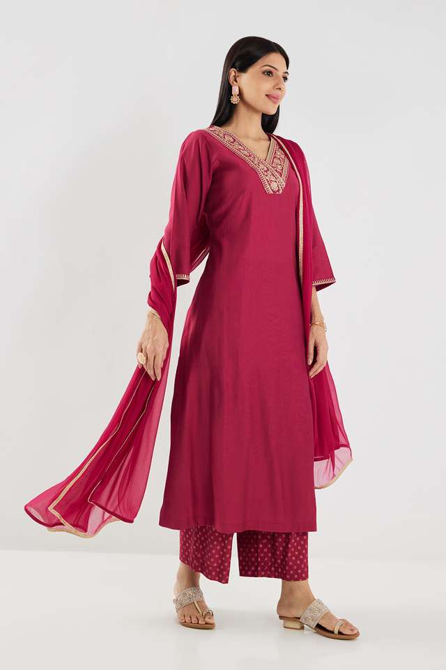 Solid-Blended-Fabric-V-Neck-Women-s-Palazzo-Kurta-Dupatta-Set