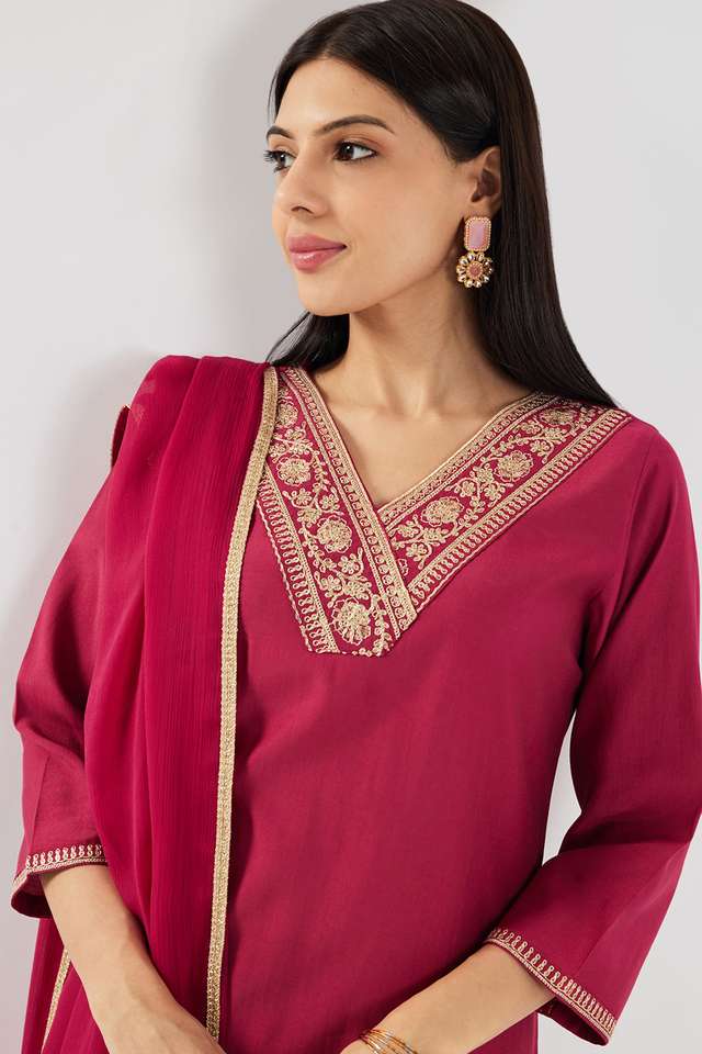 Solid-Blended-Fabric-V-Neck-Women-s-Palazzo-Kurta-Dupatta-Set