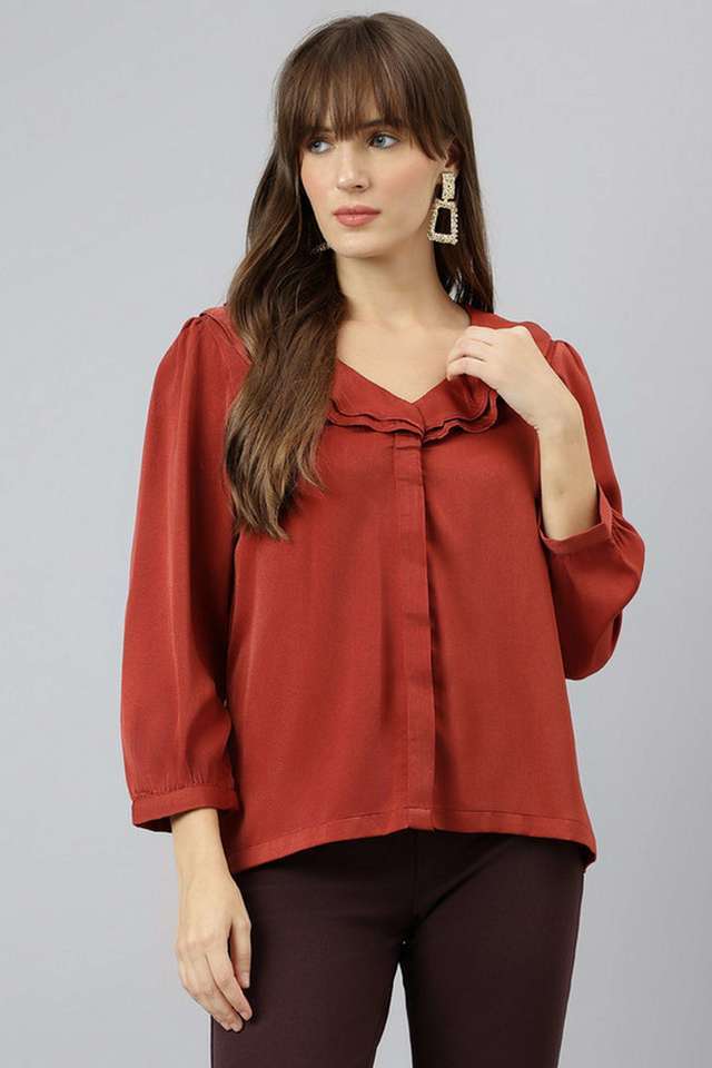 Solid-Polyester-V-Neck-Women-s-Top