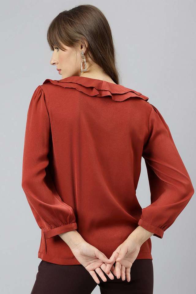 Solid-Polyester-V-Neck-Women-s-Top