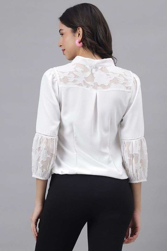 Solid-Polyester-Tie-Up-Neck-Women-s-Top