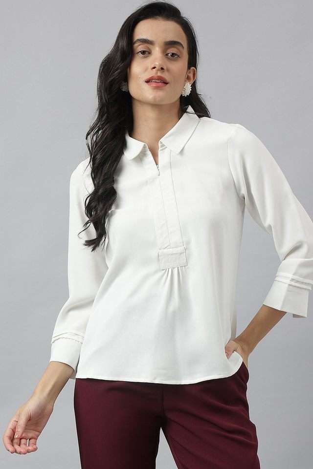 Solid-Polyester-Collared-Women-s-Top