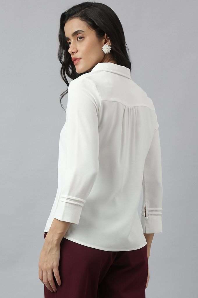 Solid-Polyester-Collared-Women-s-Top