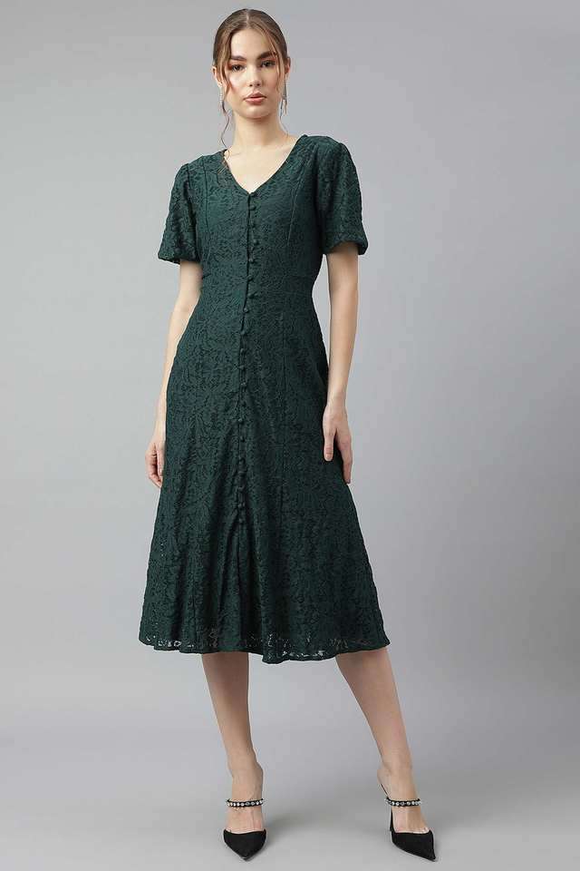 Solid-Nylon-Round-Neck-Women-s-Midi-Dress