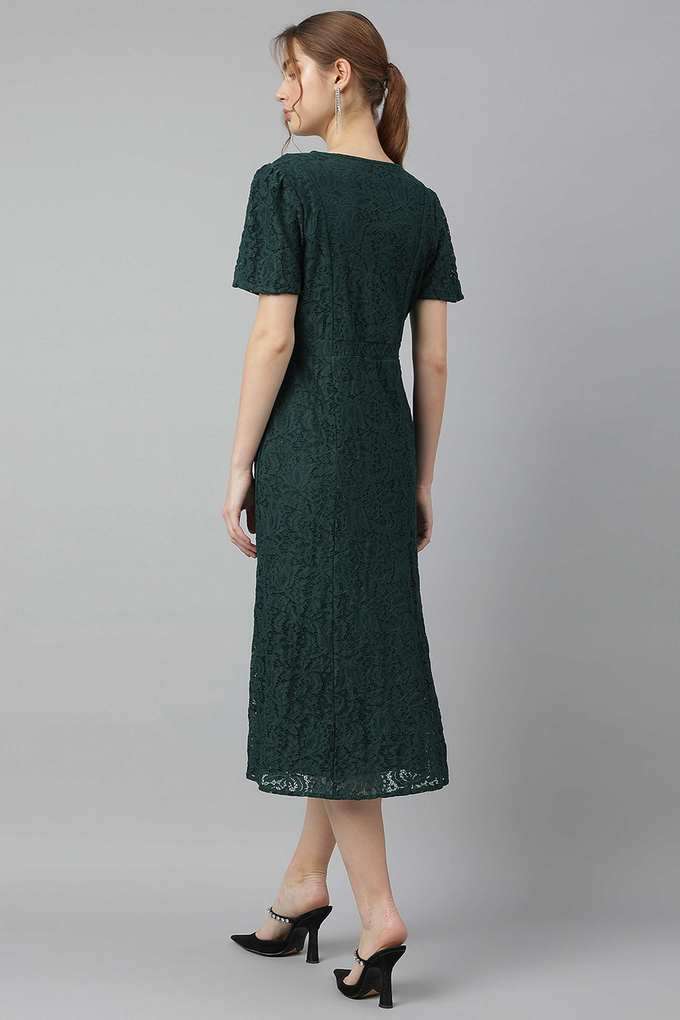 Solid-Nylon-Round-Neck-Women-s-Midi-Dress