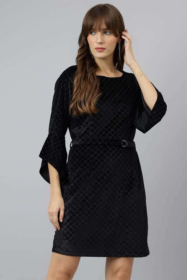 Solid-Polyester-Round-Neck-Women-s-Mini-Dress