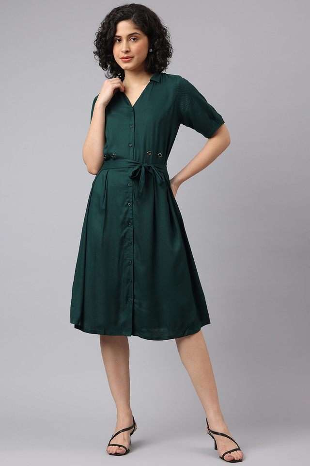 Solid-Collared-Rayon-Women-s-Calf-Length-Dress