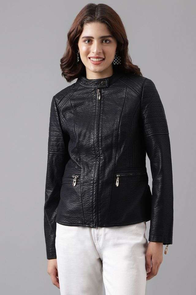 Solid-Collared-Blended-Fabric-Women-Jacket