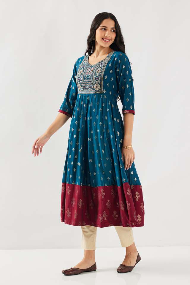 Embroidered-Silk-Round-Neck-Women-s-Casual-Wear-Kurta