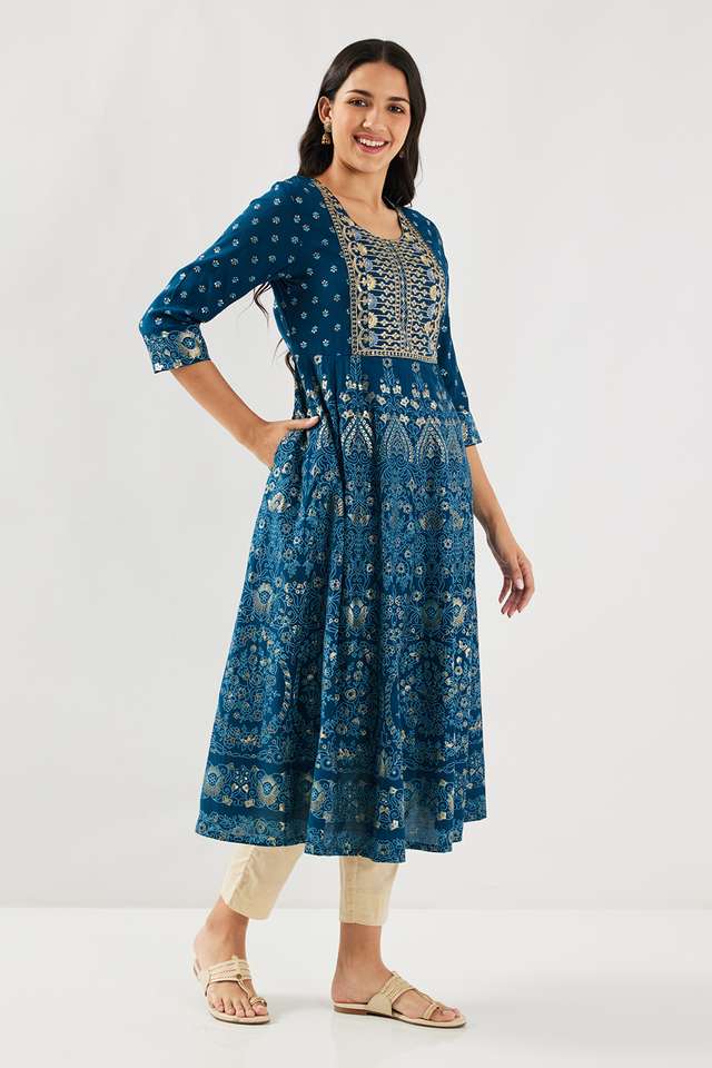 Embroidered-Silk-Round-Neck-Women-Fusion-Wear-Kurta