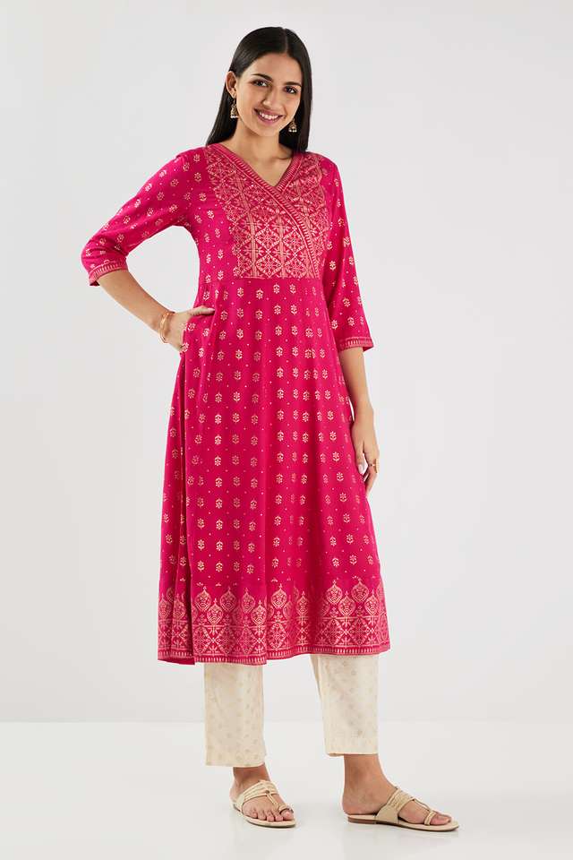 Printed-Rayon-V-Neck-Women-s-Casual-Wear-Kurta