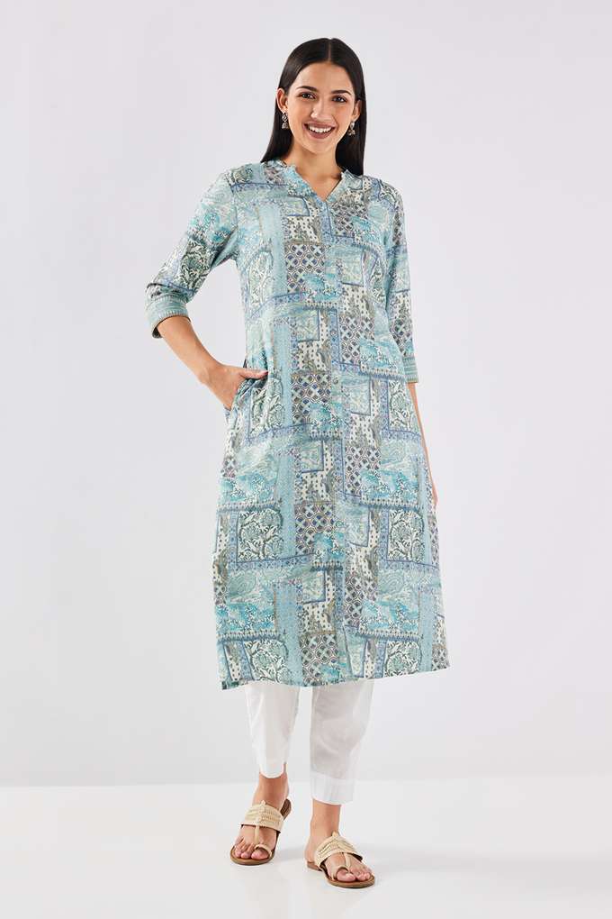 Printed-Blended-Fabric-Collared-Women-s-Casual-Wear-Kurta