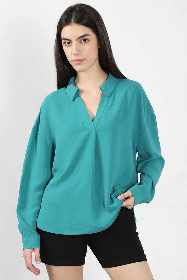 Solid-Polyester-V-Neck-Women-s-Top