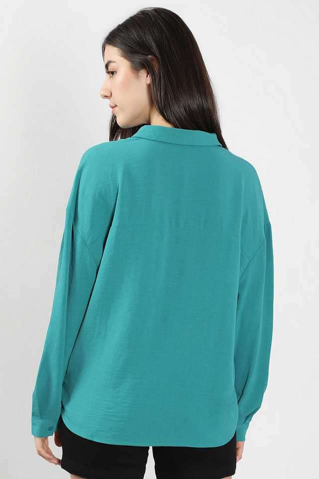 Solid-Polyester-V-Neck-Women-s-Top