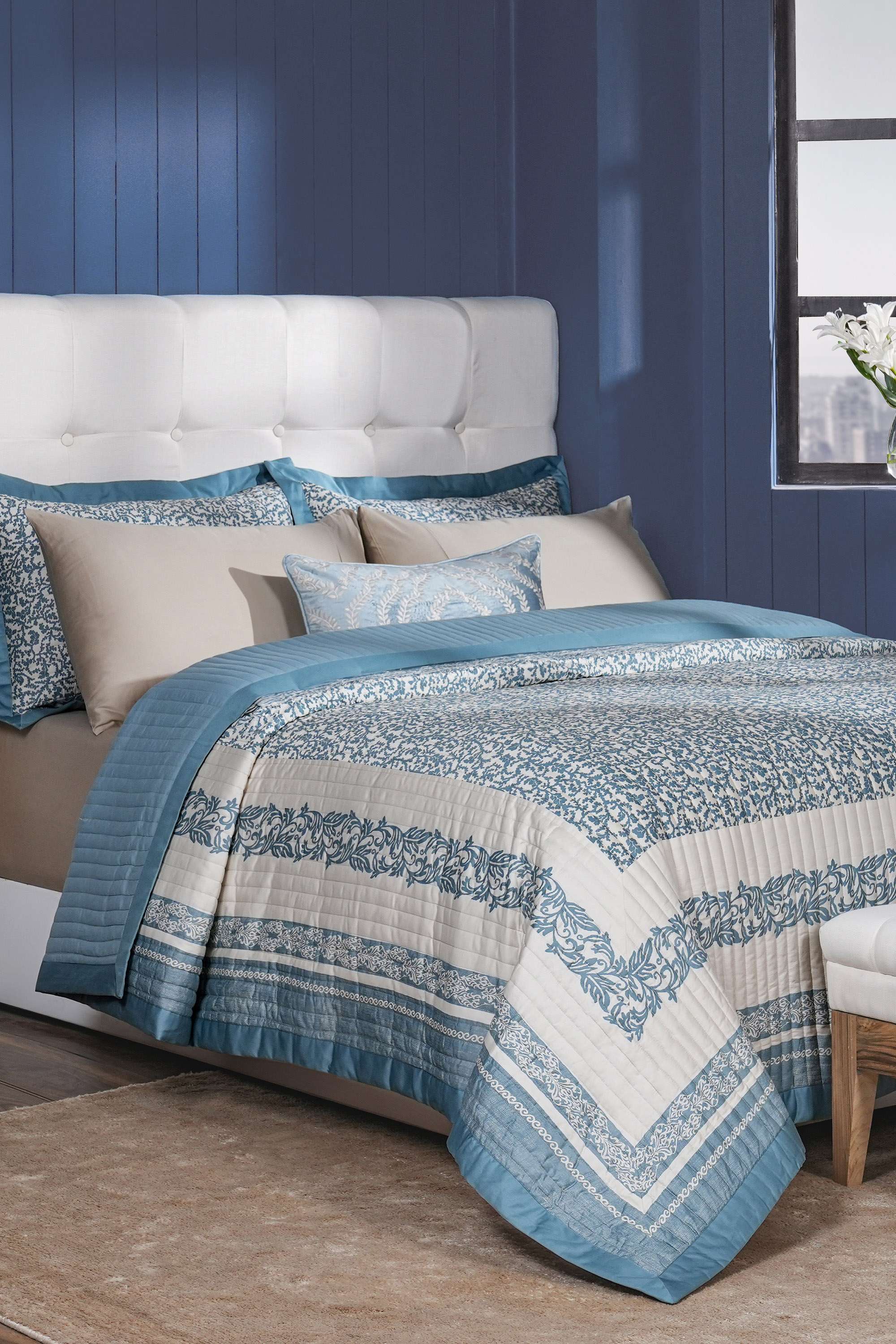 8-Piece-Cotton-Double-Bed-Bedding-Set--Quilt -Pillow-Shams -Bedsheet -Pillow-Cases -&-Cushion-Cover